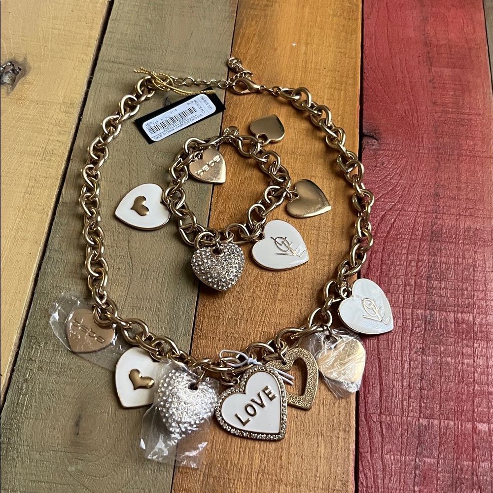 Bebe Gold Heart Charm set Necklace & bracelet